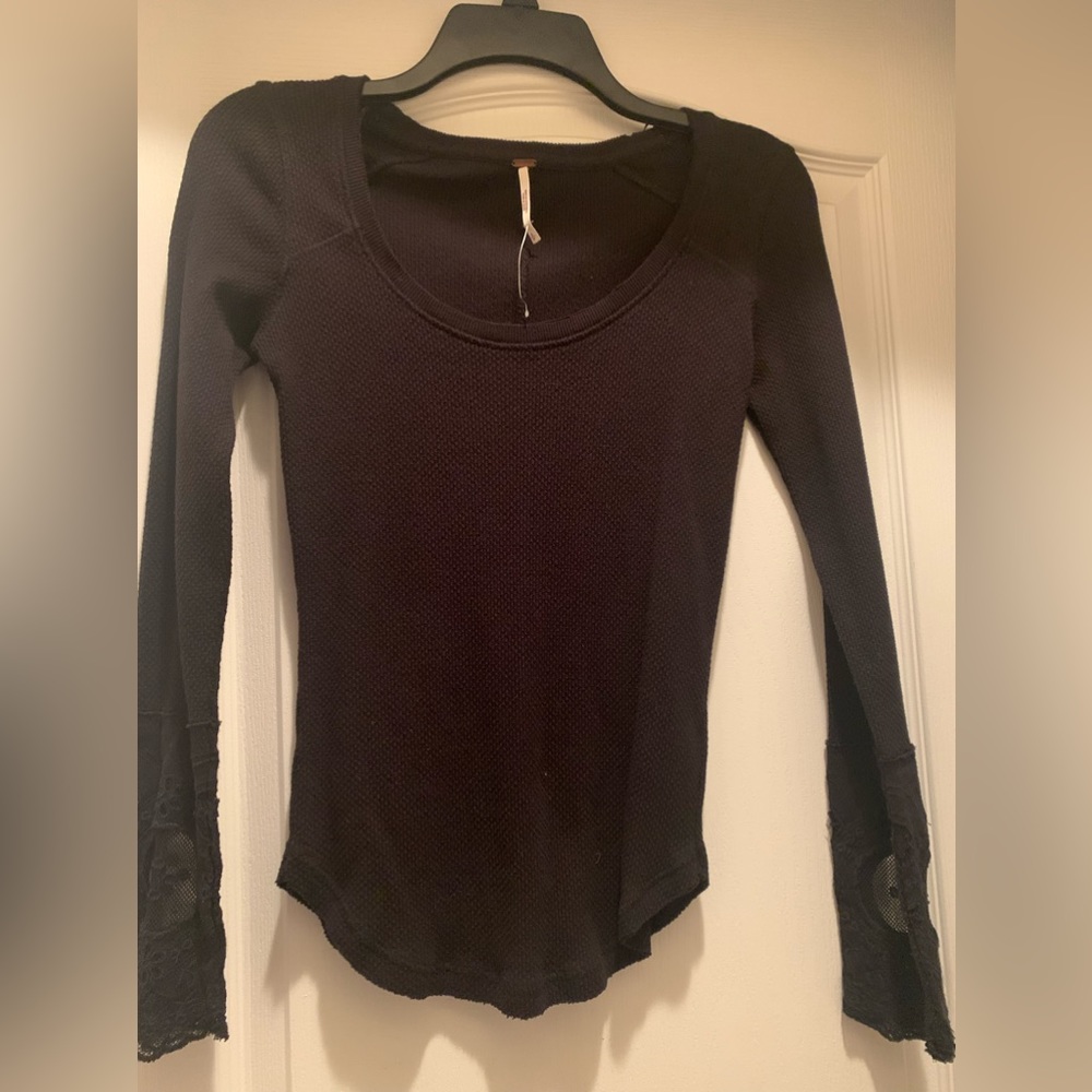 Free People Black Lovely Lady Thermal Top S